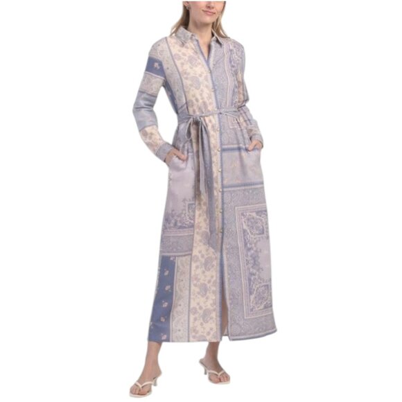 MAGASCHONI Linen Blend Long Sleeve Button Down Shirt Dress With Novelty Belt MAGASCHONI Linen Blend Long Sleeve Button Down Shirt Dress With Novelty Belt
